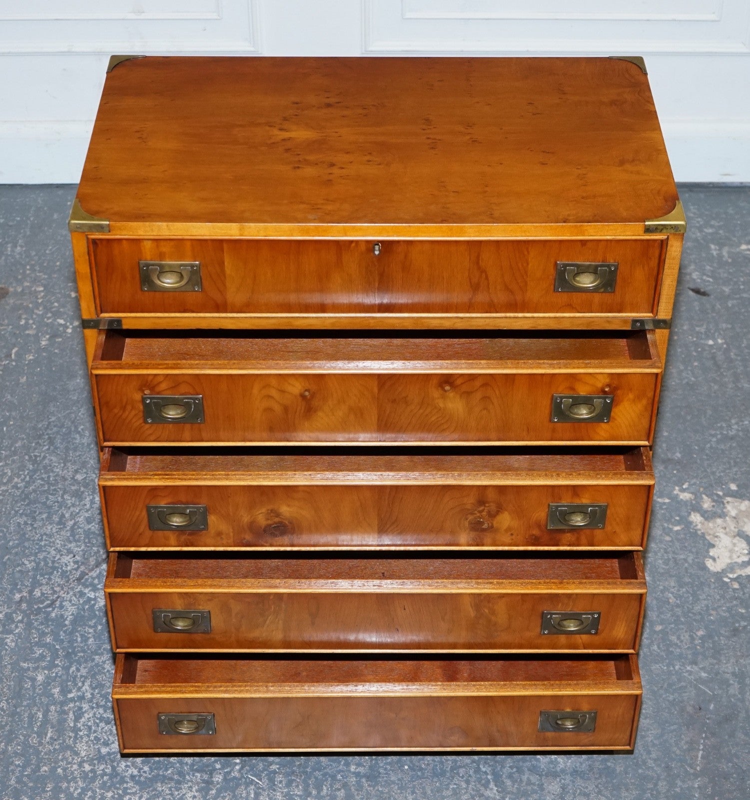 VINTAGE MILITARY CAMPAIGN YEW WOOD SECRETARY CHEST OF DRAWERS WiTH BRASS HANDLES
