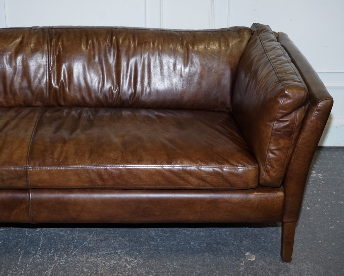 HALO GROUCHO BEAUTIFUL BROWN LEATHER THREE SEATER COMPACT SOFA