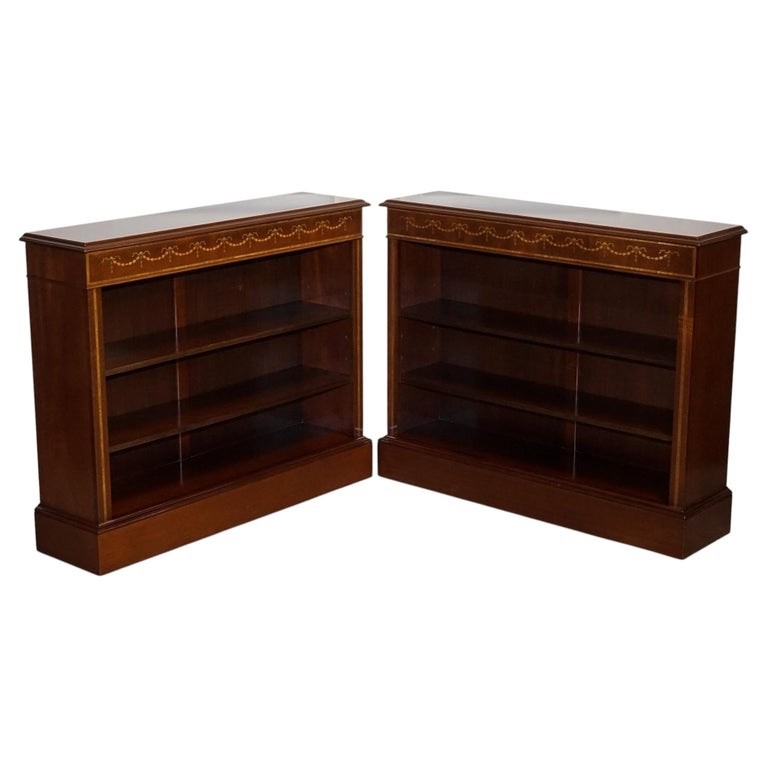 PAIR VINTAGE EDWARDIAN STYLE SHERATON DWARF OPEN BOOKCASE ADJUSTABLE SHELVES