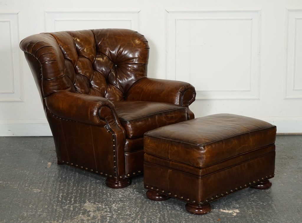 FULLY RESTORED HAND DYED LEATHER WRITERS READING ARMCHAIR WITH FOOTSTOOL