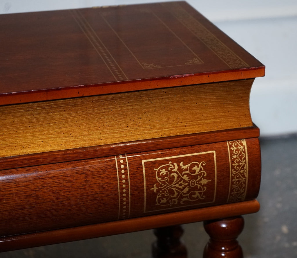 MATCHING PAIR OF WOODEN FAUX BOOKS STACK SIDE END WINE TABLES WITH STORAGE