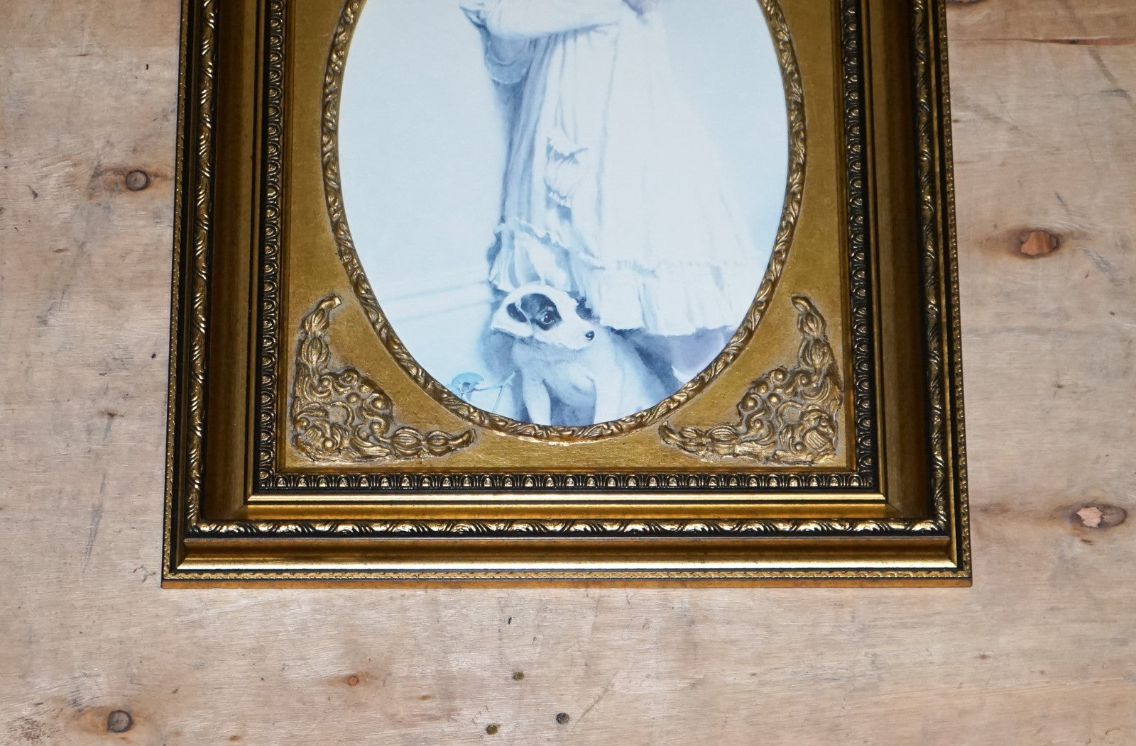 VINTAGE PRINT GILTED FRAME LITTLE GIRL AND DOG POSING 52 X 42 CM