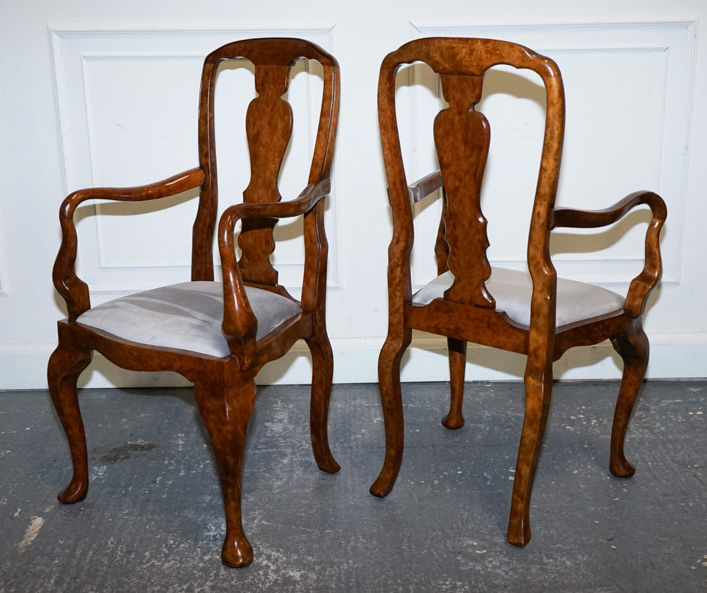 1920'S ART DECO PAIR OF QUEEN ANNE STYLE BURR WALNUT HALLWAY ELBOW ARMCHAIRS