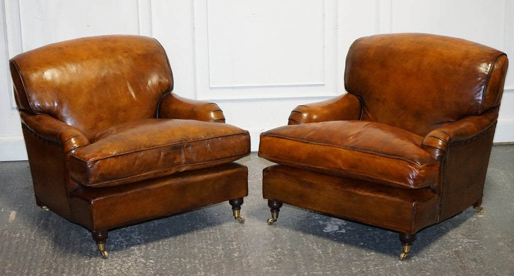 LARGE PAIR HOWARD STYLE HAND DYED LEATHER ARMCHAIRS FEATHER FILLED CUSHIONS