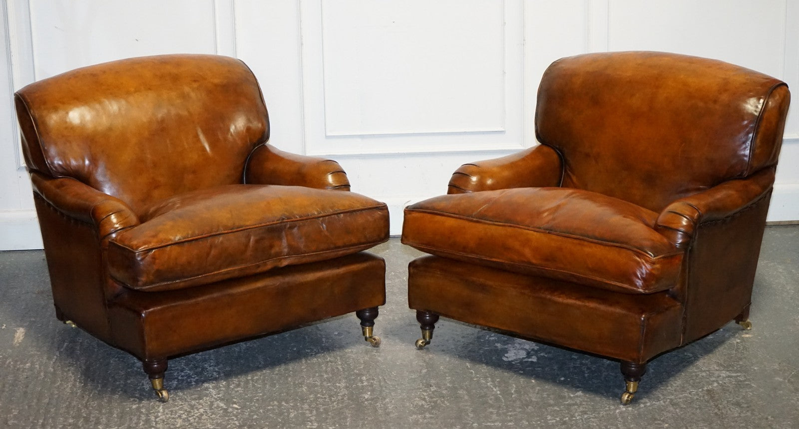 LARGE PAIR HOWARD STYLE HAND DYED LEATHER ARMCHAIRS FEATHER FILLED CUSHIONS