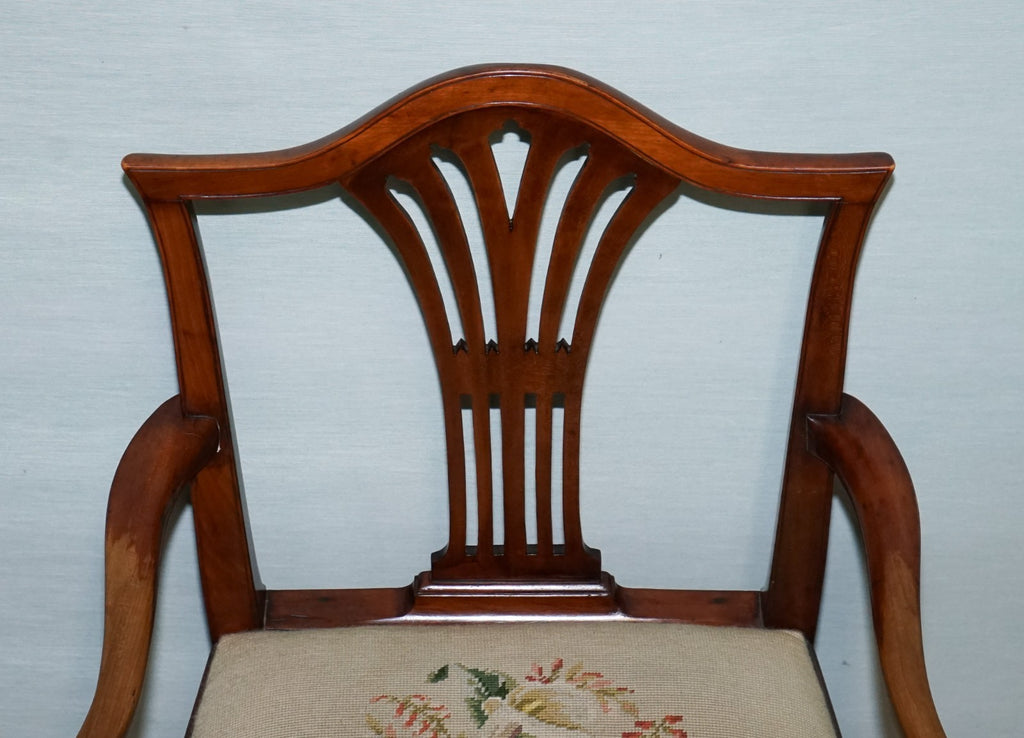 19TH CENTRY SINGLE HEPPLEWHITE ELBOW ARMCHAIR WITH FLORAL NEEDLEPOINT CUSHION
