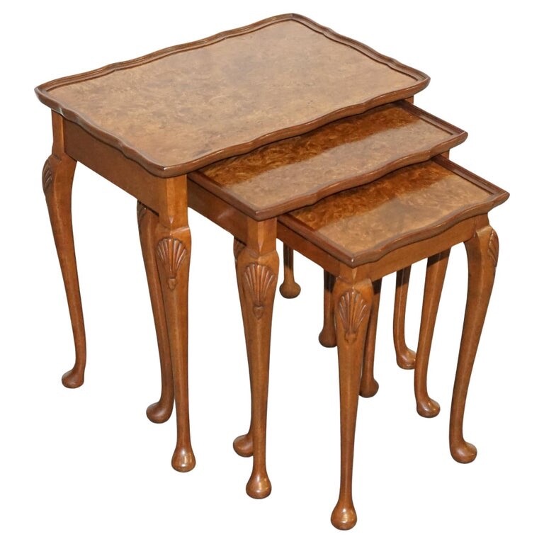 1920 ART DECO BURR WALNUT NEST OF THREE TABLES QUEEN ANNE LEGS