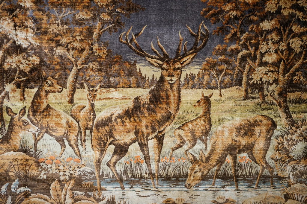 VINTAGE WOVEN WALL TAPESTRY WOODLAND STAG & DEER SCENE RUSTIC HUNTiNG LODGE