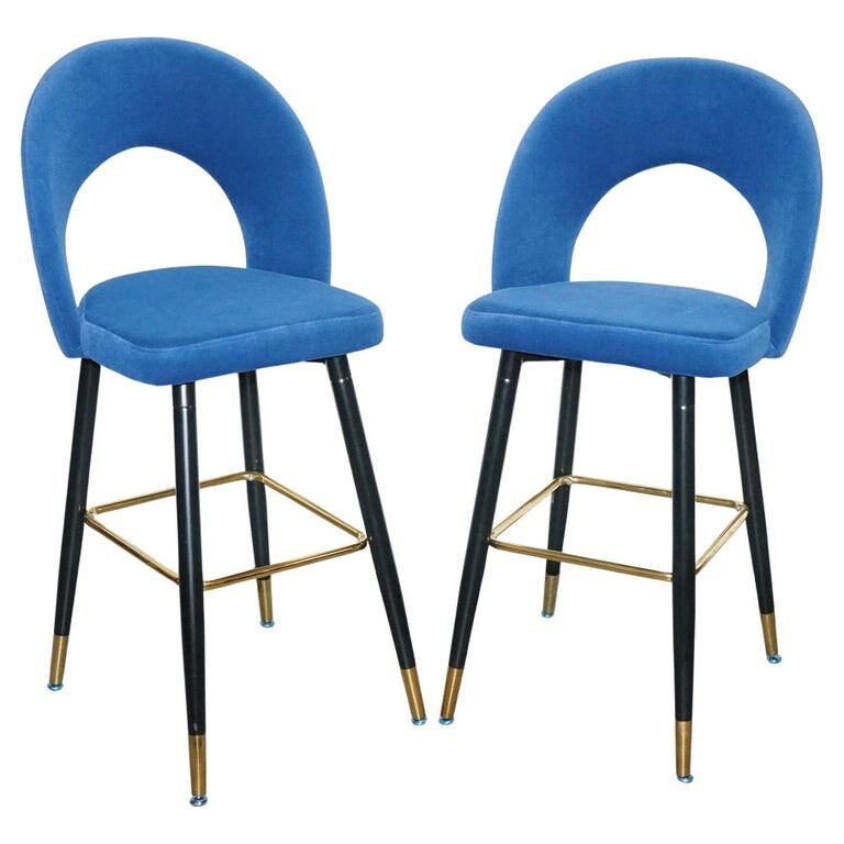 BEAUTIFUL PAIR OF BLUE VELVET BAR CHAIRS WITH GOLD DETAIL ON THE FRAME