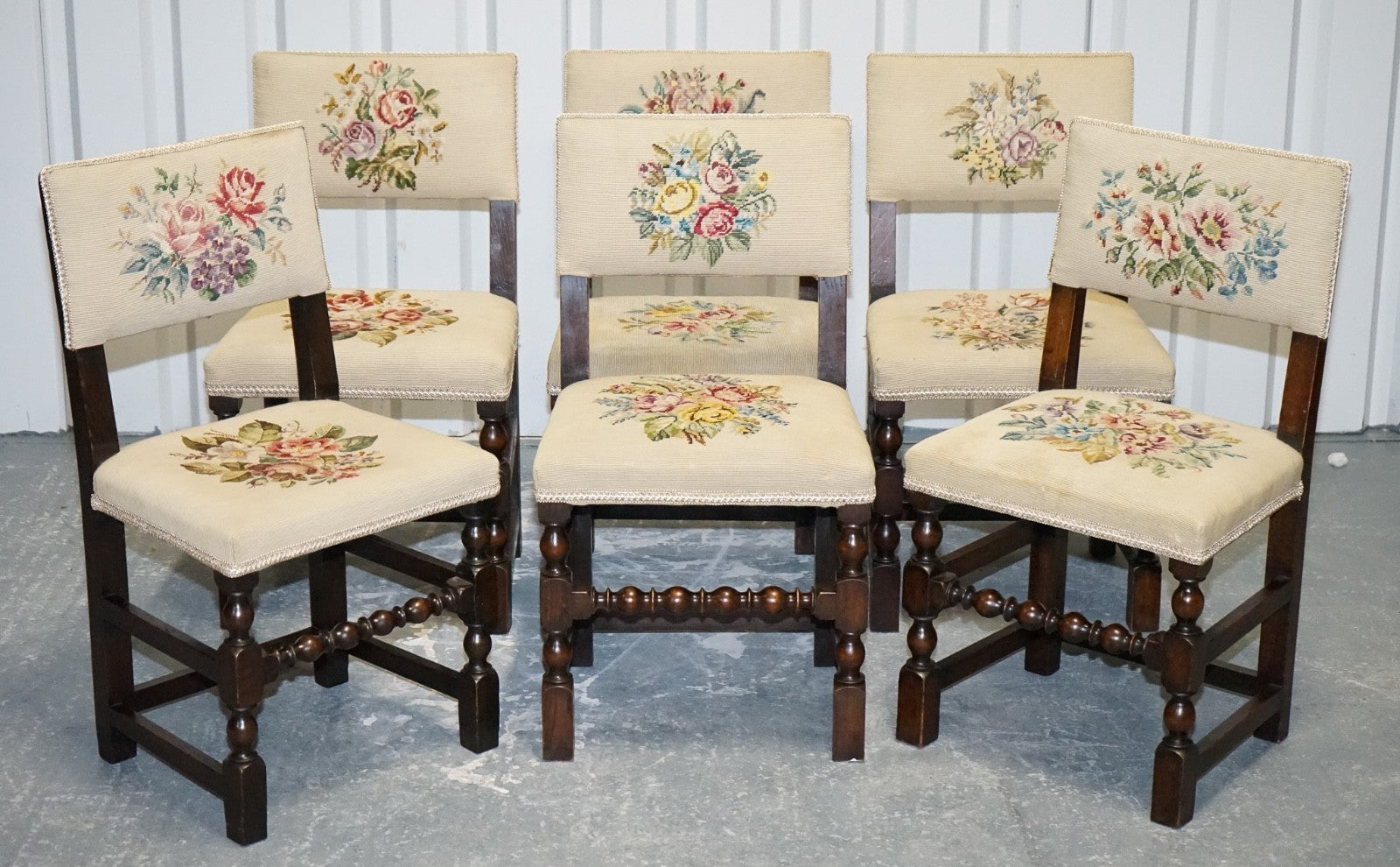 ENGLISH VICTORIAN SET OF SIX ORIGINAL FLORAL TAPESTRY UPHOLSTERY DINNING CHAIRS