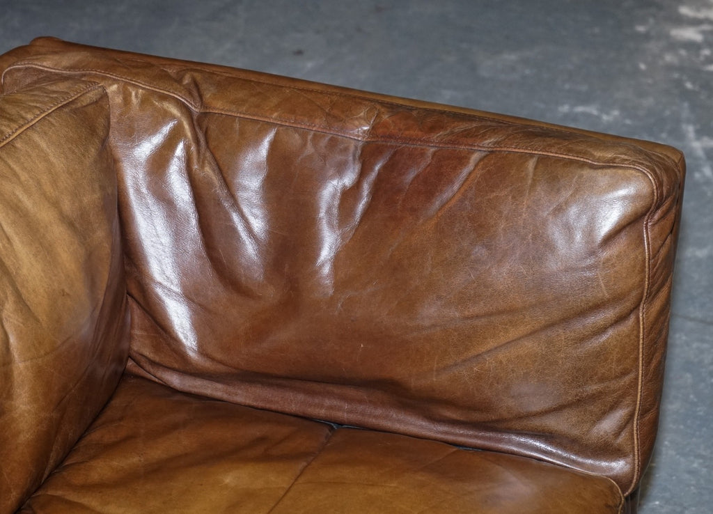 LARGE COMFORTABLE HALO GROUCHO BROWN LEATHER THREE SEATER SOFA