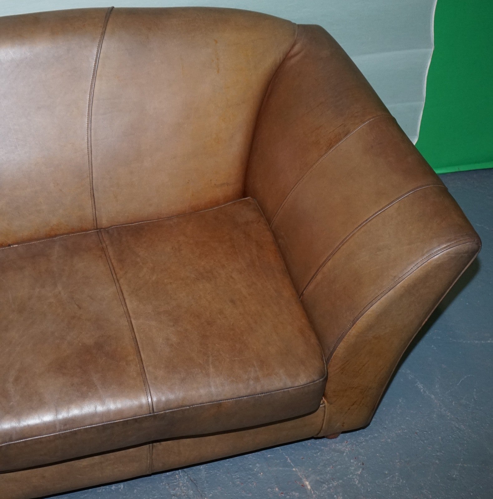 VINTAGE ART DECO STYLE BROWN LEATHER TWO SEATER SOFA
