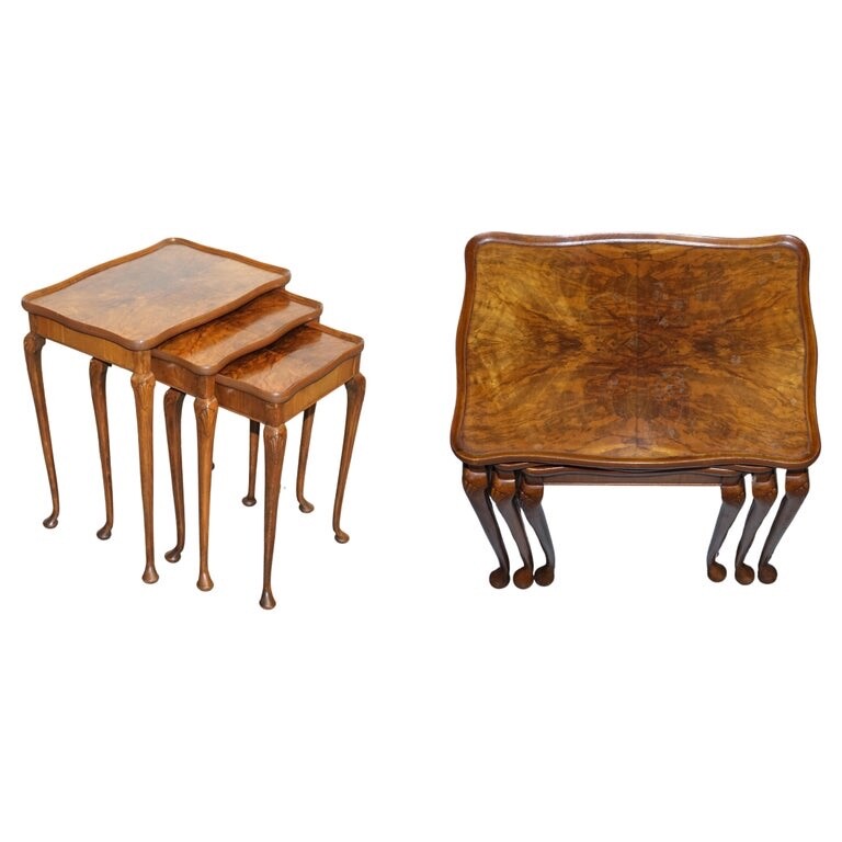 1920'S ART DECO BURR WALNUT NEST OF THREE TABLE QUEEN ANNE LEGS