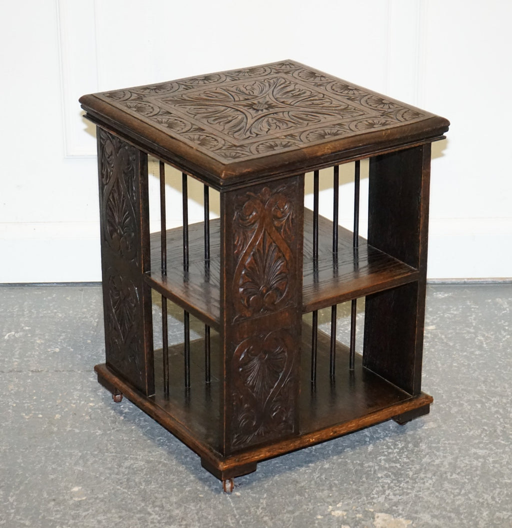 ANTIQUE VICTORIAN ENGLISH SOLID OAK CARVED JACOBEAN REVOLVING OPEN BOOKCASE