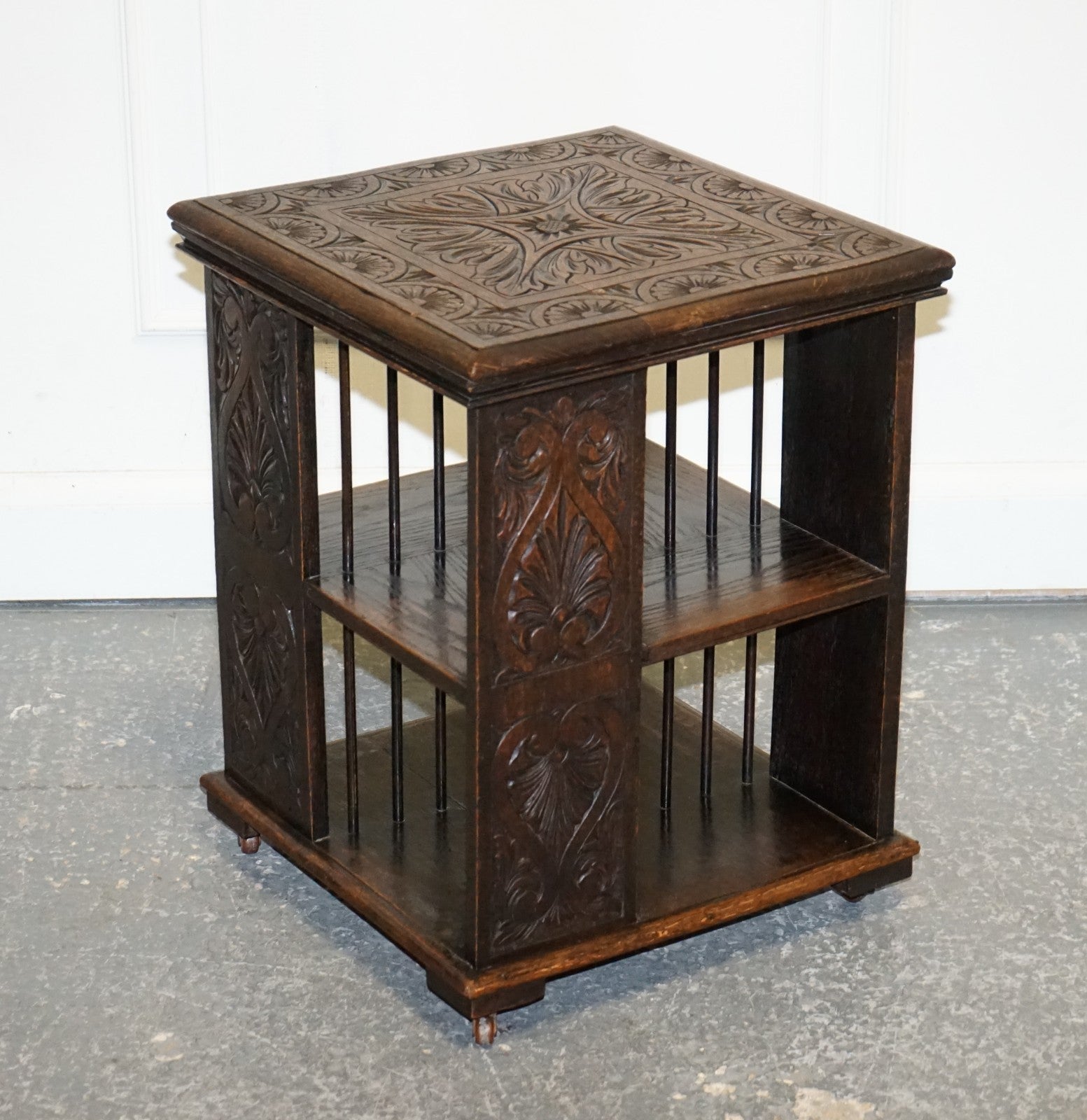 ANTIQUE VICTORIAN ENGLISH SOLID OAK CARVED JACOBEAN REVOLVING OPEN BOOKCASE