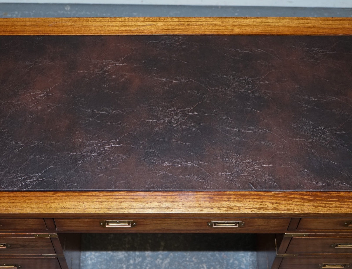 VINTAGE MILITARY CAMPAIGN TWIN PEDESTAL DESK WITH BRASS FITTINGS