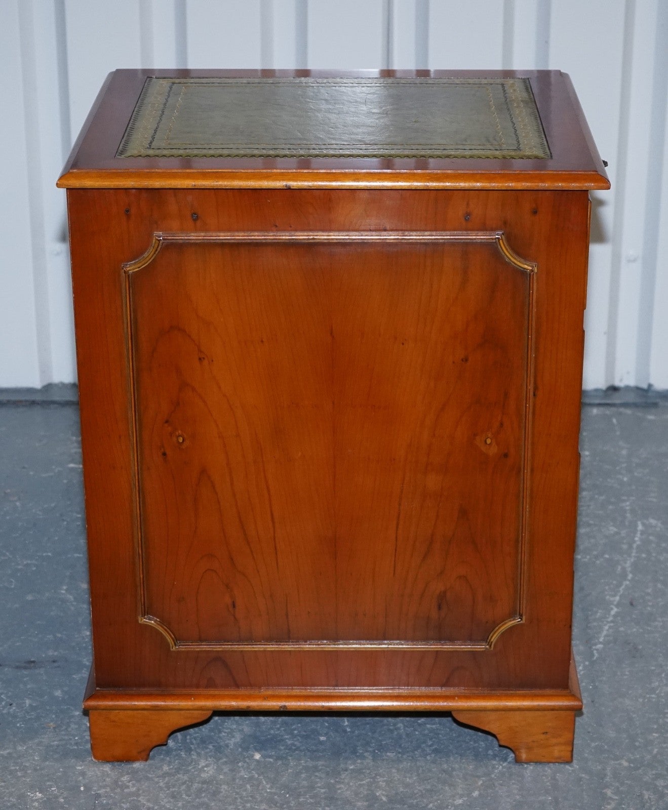 VINTAGE YEW WOOD FILLING CABINET WITH GREEN LEATHER TOP AND TWO DRAWERS