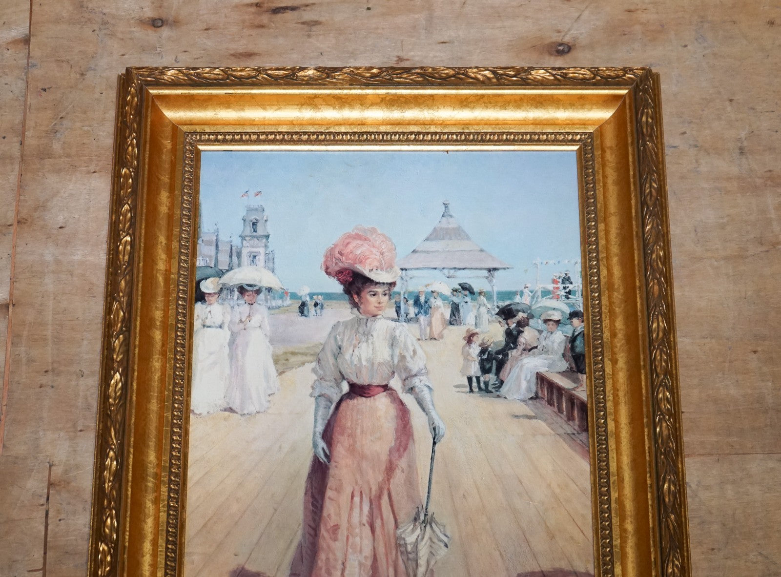 VINTAGE PAINTING VICTORIAN STYLE LADY ON PIER PRINT BY ALAN MALEY 80 X 64 CM