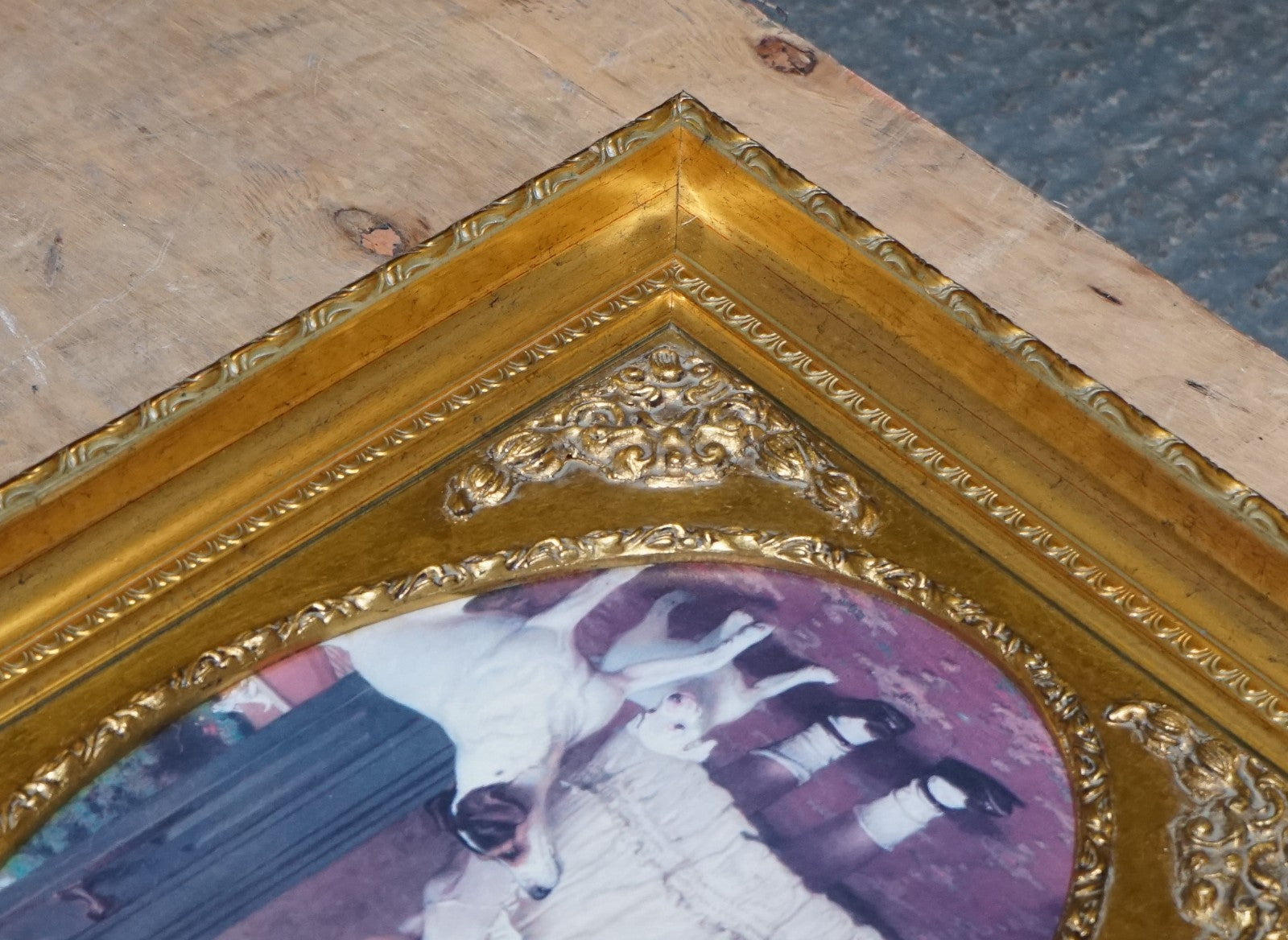 VINTAGE VICTORIAN STYLE PRINT GIRL WITH DOG AND PUPPIES GITLED FRAME 52 X 42 CM