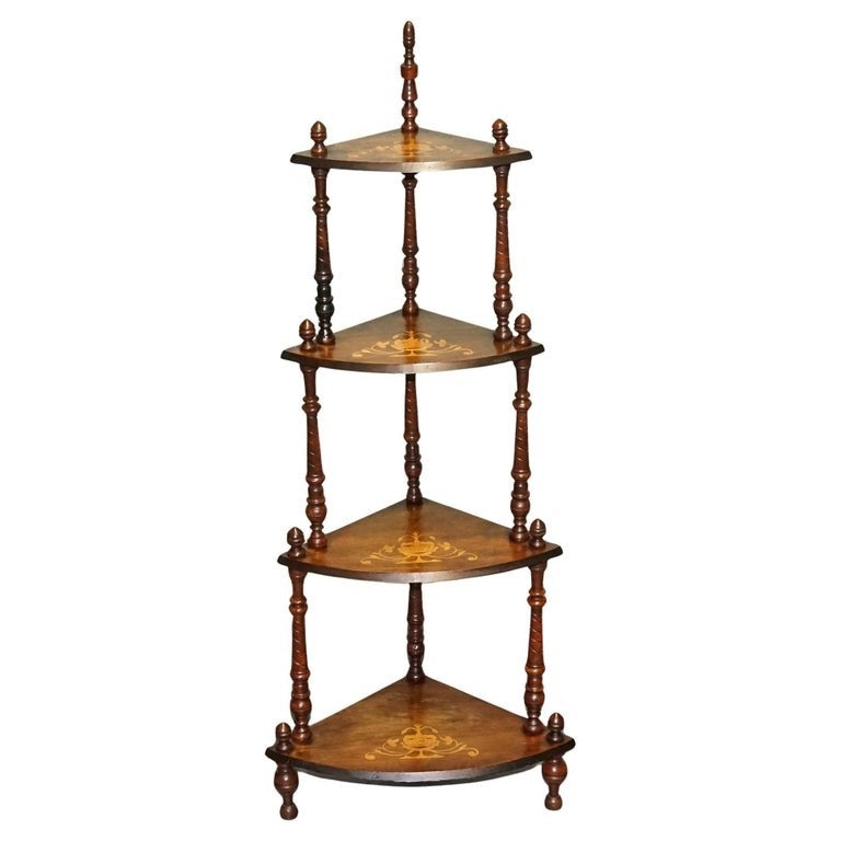 1920s VICTORIAN INLAID HARDWOOD CORNER ETAGERE 4 TIER DiSPLAY STAND