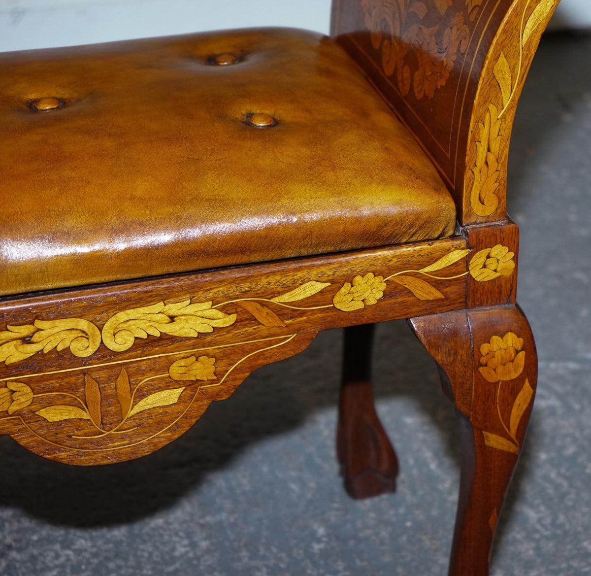 ANTIQUE 1860 DUTCH MARQUETRY WINDOW PIANO STOOL WITH HAND DYED CHESTERFIELD SEAT