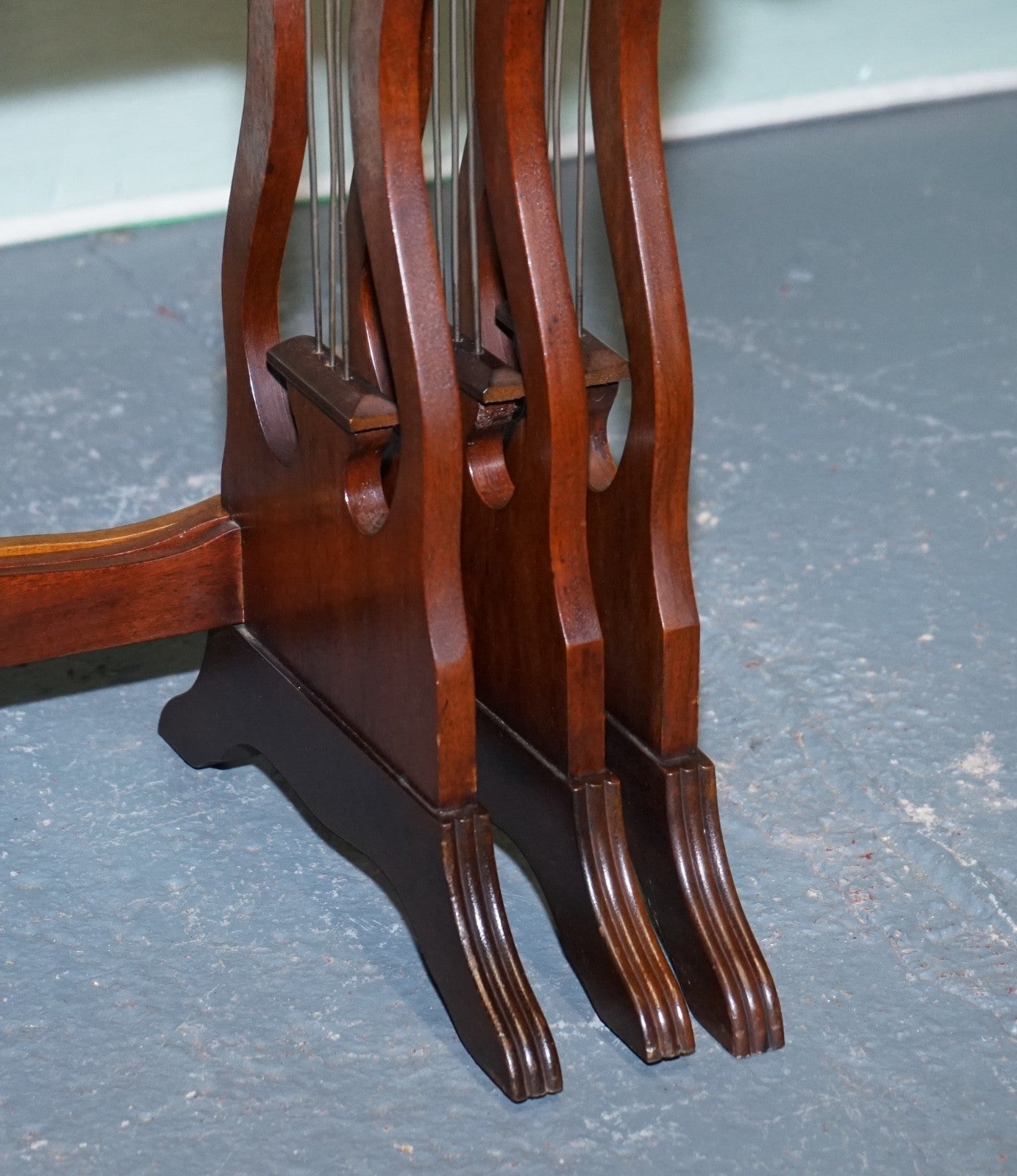 VINTAGE LYRE BASE GREEN LEATHER TOP NEST OF TABLES SIDE TABLES