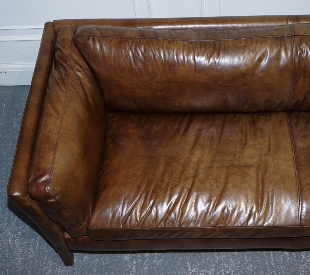 HALO GROUCHO BEAUTIFUL BROWN LEATHER THREE SEATER COMPACT SOFA