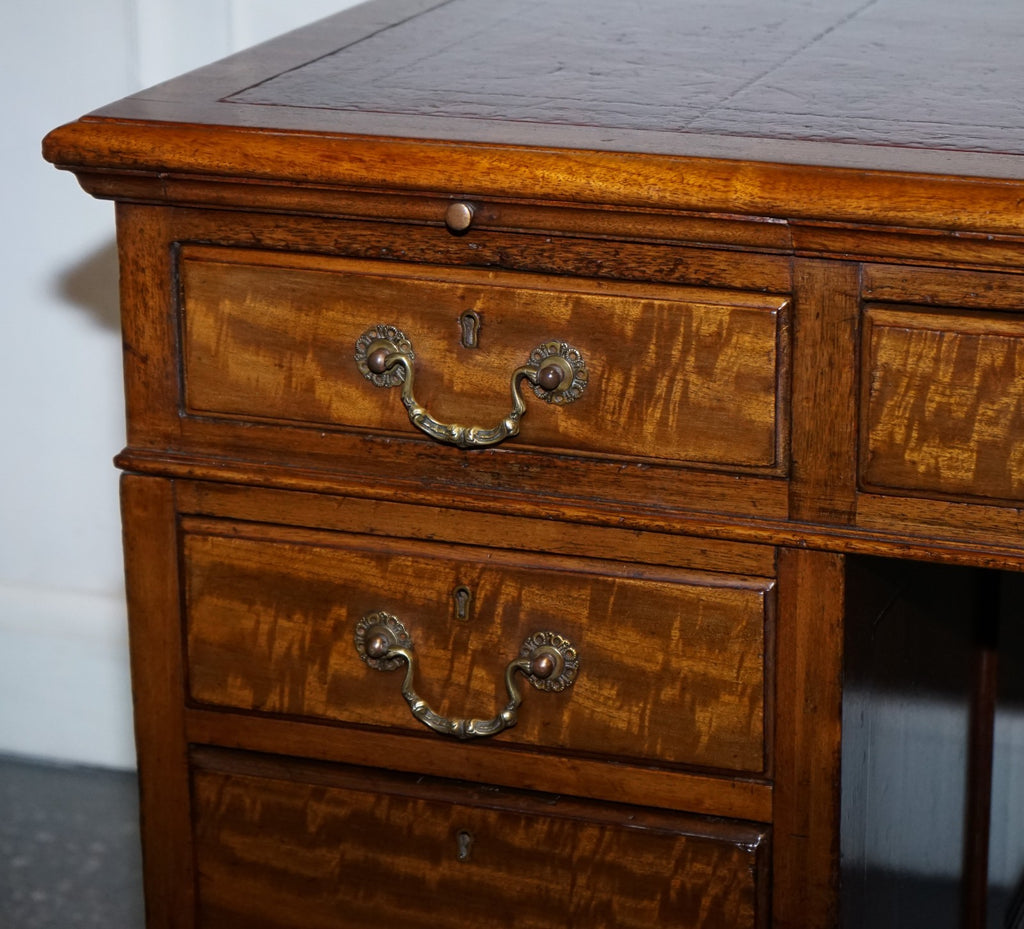 ANTIQUE RESTORED HOBBS & CO LONDON TWIN PEDESTAL DESK HAND DYED RED LEATHER TOP