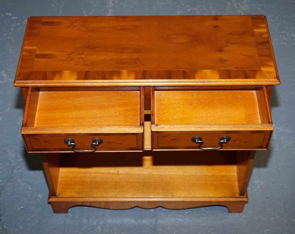 VINTAGE BURR YEW WOOD OPEN DWARF LIBRARY BOOKCASE WiTH TWO DRAWERS & SHELF