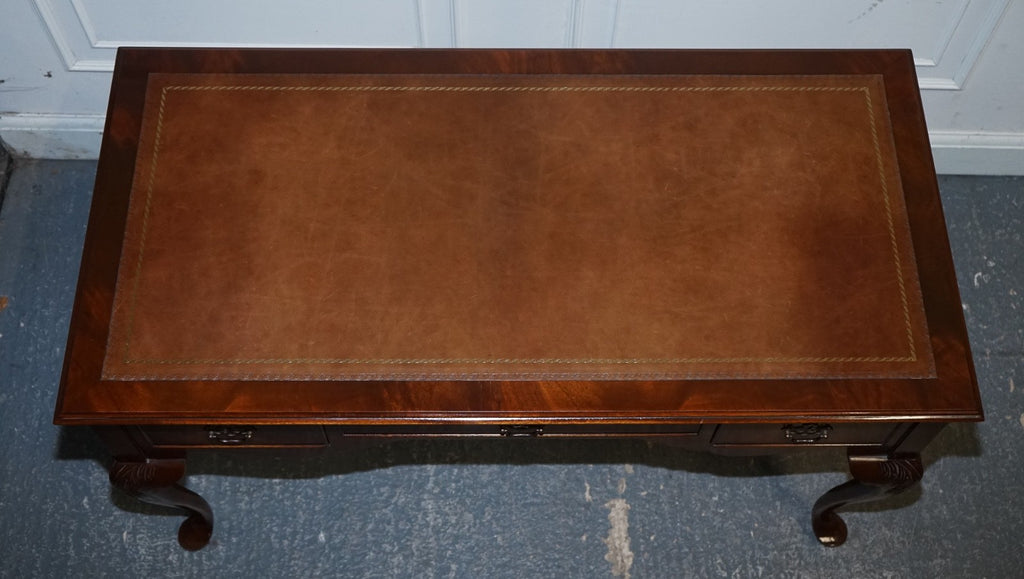 ENGLISH ANTIQUE STYLE WRITING DESK WITH BROWN LEATHER GOLD EMBOSSED TOP
