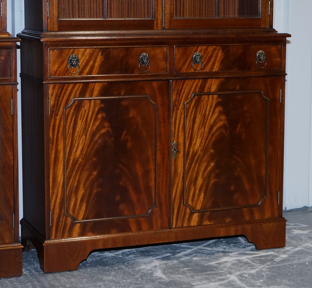 PAIR GEORGIAN STYLE DISPLAY CABINETS BOOKCASES WITH BRASS LION HANDLES