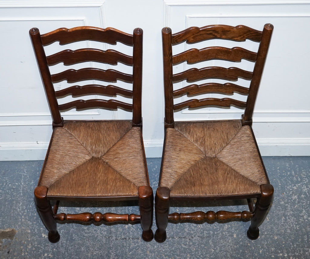 SET OF SIX ENGLISH ANTIQUE CIRCA 1910 LADDERBACK RUSH SEAT DINING CHAIRS