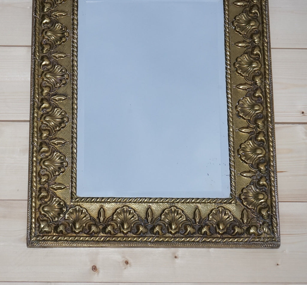 ANTIQUE NEOCLASSICAL STYLE BRASS SHELLS & BLEEDING HEARTS BEVELLED MiRROR