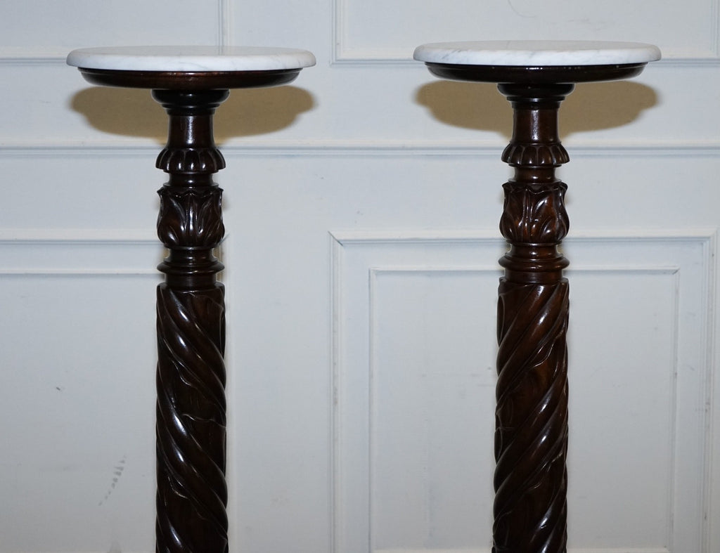 RESTORED PAIR OF EARLY VICTORIAN ENGLISH PEDESTALS WITH WHITE MARBLE TOPS 145 CM