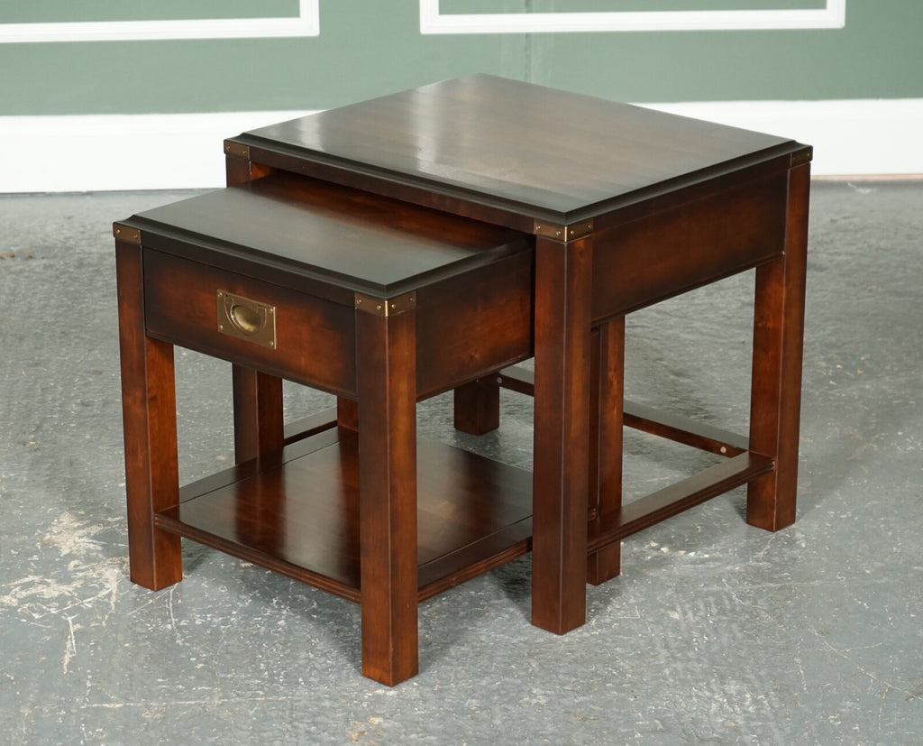 VINTAGE MAHOGANY & BRASS MILITARY CAMPAIGN NEST OF TABLES WITH DRAWER