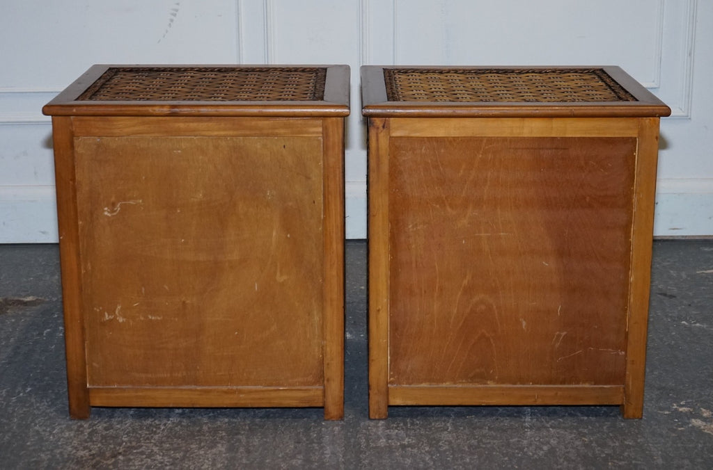 VINTAGE PAIR OF WICKER OR RATTAN NIGHTSTANDS BEDSIDE TABLES CUPBOARD & DRAWER