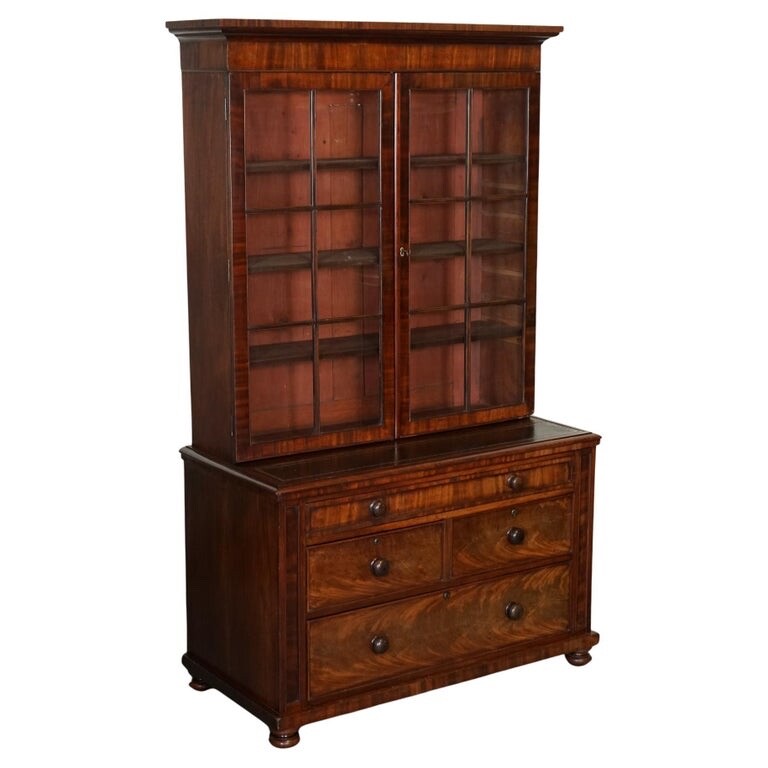 ANTIQUE DRESSER BOOKCASE DISPLAY CABINET ON CHEST OF DRAWERS BLACK LEATHER TOP