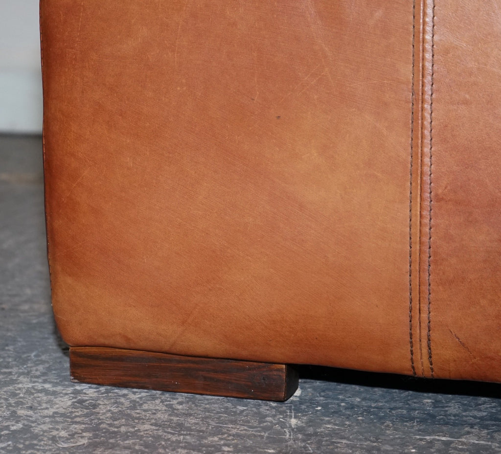 VINTAGE LARGE TAN LEATHER FOOTSTOOL OTTOMAN MADE BY HALO