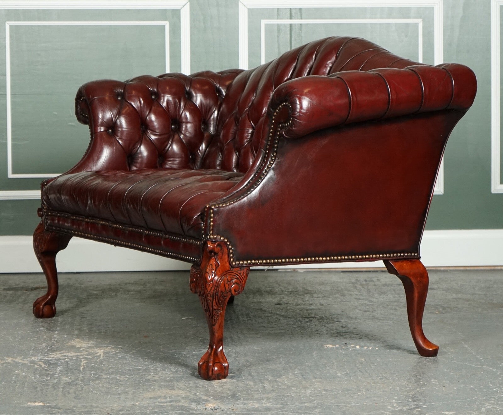 RESTORED HAND DYED BURGUNDY HUMP CAMEL BACK REGENCY CHESTERFIELD BUTTONED SOFA