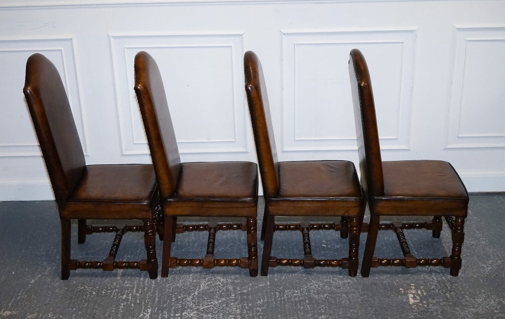 8 RESTORED CROMWELLIAN HAND DYED WHISKEY BROWN LEATHER DINING CHAIRS