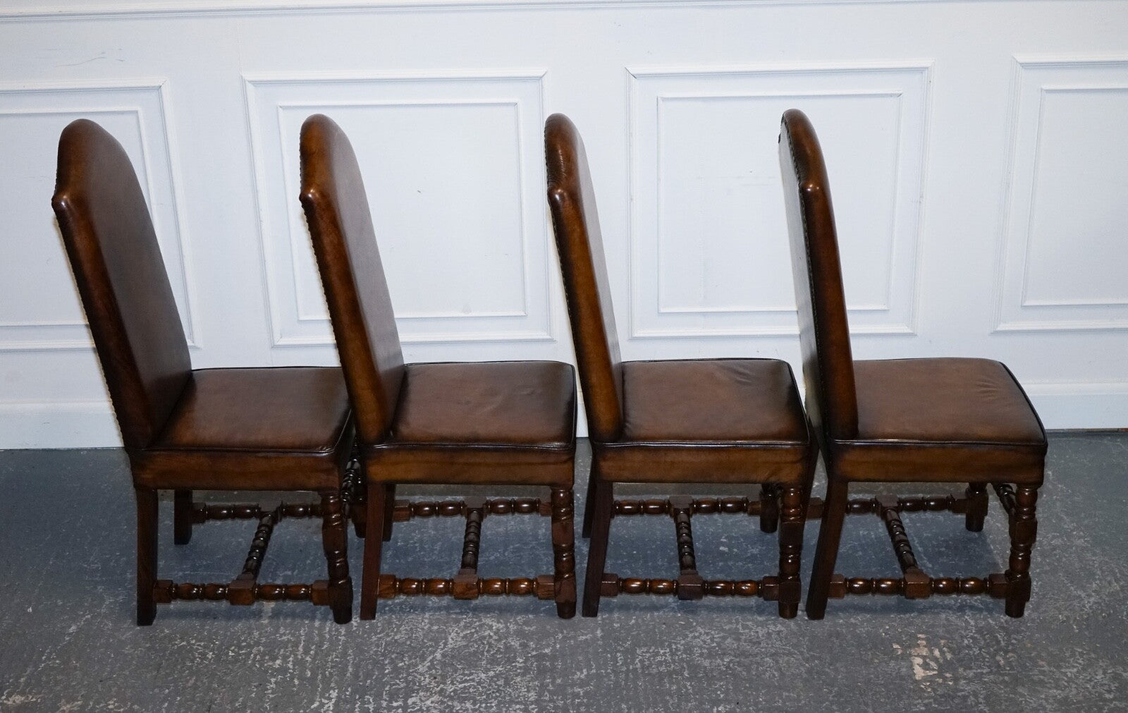 8 RESTORED CROMWELLIAN HAND DYED WHISKEY BROWN LEATHER DINING CHAIRS
