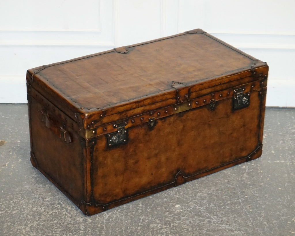 FULLY RESTORED HAND DYED BROWN LEATHER LOCKABLE STORAGE TRUNK
