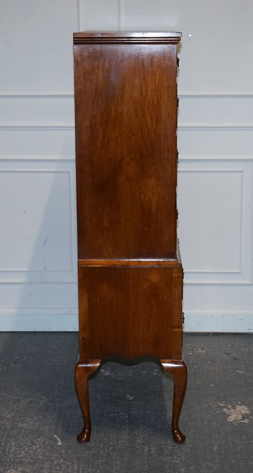 ANTIQUE GEORGIAN STYLE BURR WALNUT CHEST ON STAND WITH QUEEN ANNE LEGS