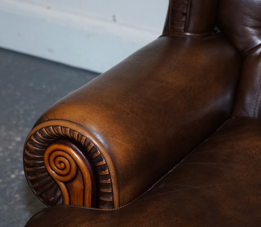 VINTAGE PAIR OF BRITISH MADE BROWN AGED LEATHER MONK CHESTERFIELD ARMCHAIRS