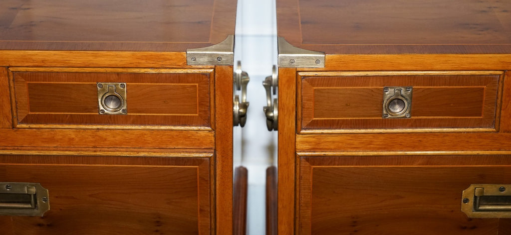 A PAIR OF YEW WOOD & BRASS ENGLISH MILITARY CAMPAIGN END CABINETS NIGHTSTANDS