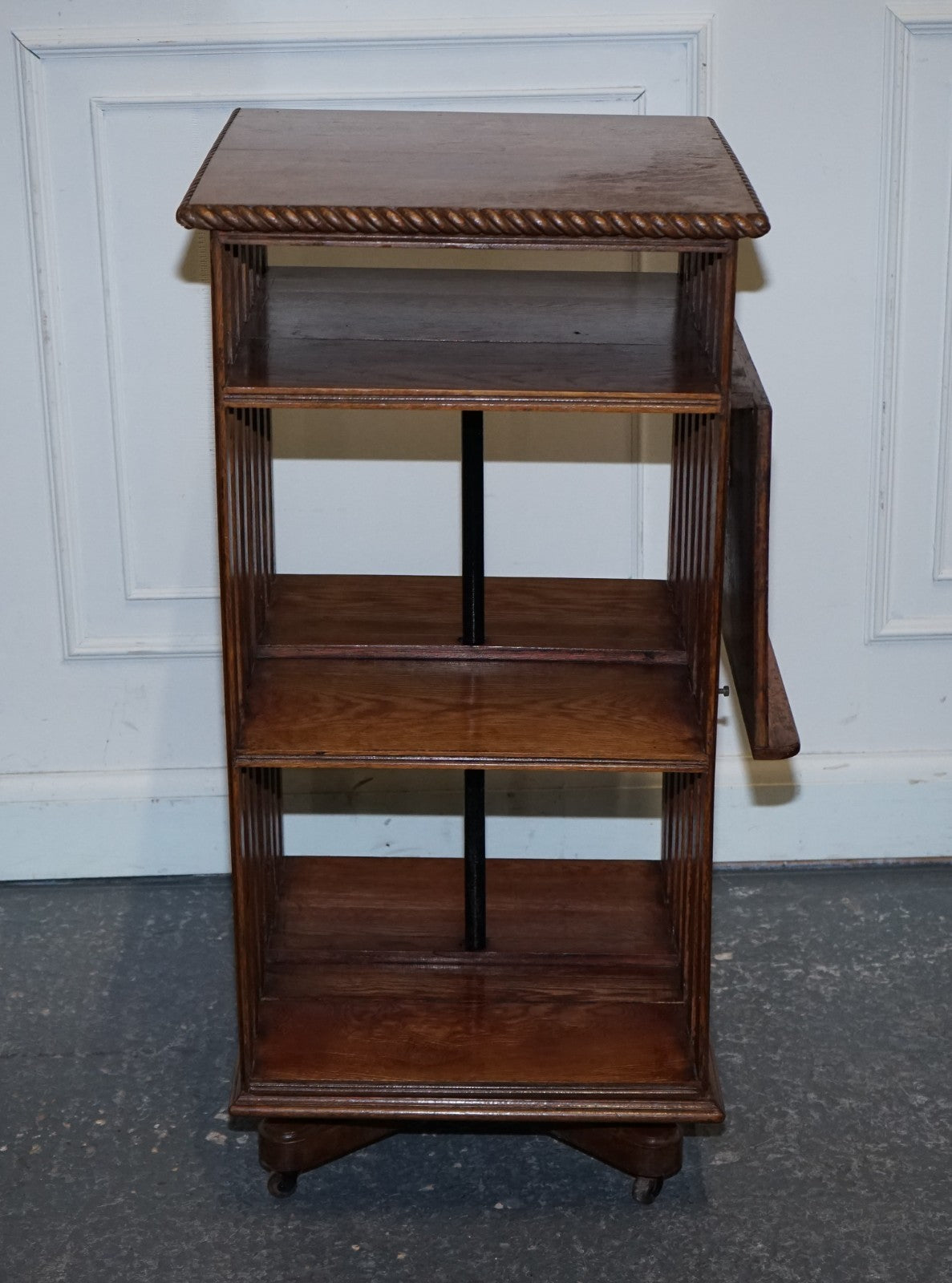 ANTIQUE SUBSTANTIAL OAK REVOLVING BOOKCASE WITH FOLDING READING STAND