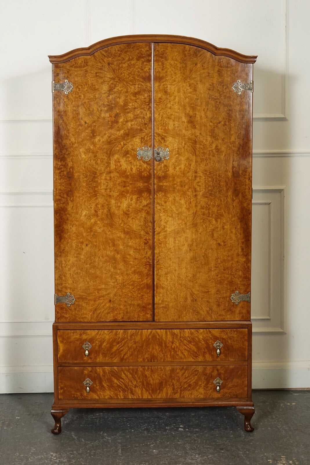 LOVELY 1920'S ART DECO BURR WALNUT WARDROBE WITH TWO DRAWERS QUEEN ANNE LEGS