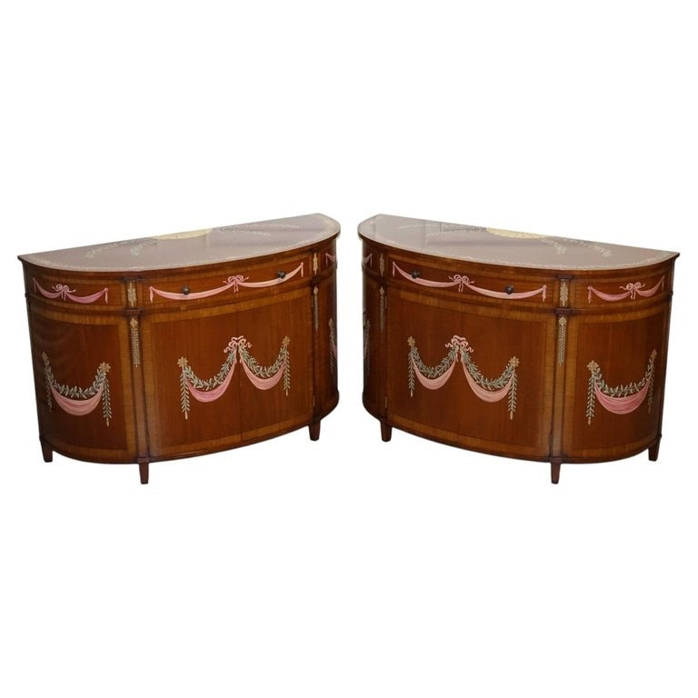 FINE SUBSTANTIAL PAIR OF HAND PAINTED DEMI LUNE SHERATON STYLE CONSOLE CABINETS