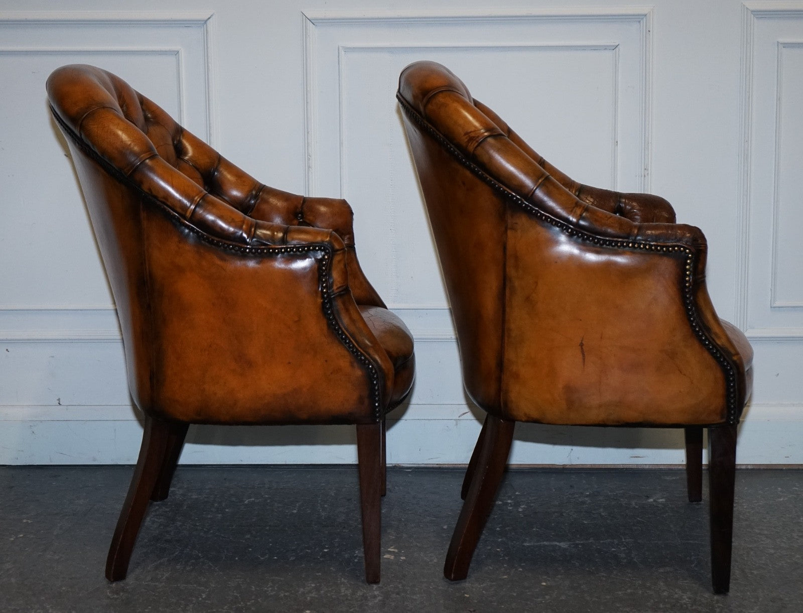SET OF FOUR ENGLISH CHESTERFIELD HAND DYED LEATHER OFFICE LIBRARY TUB CHAIRS
