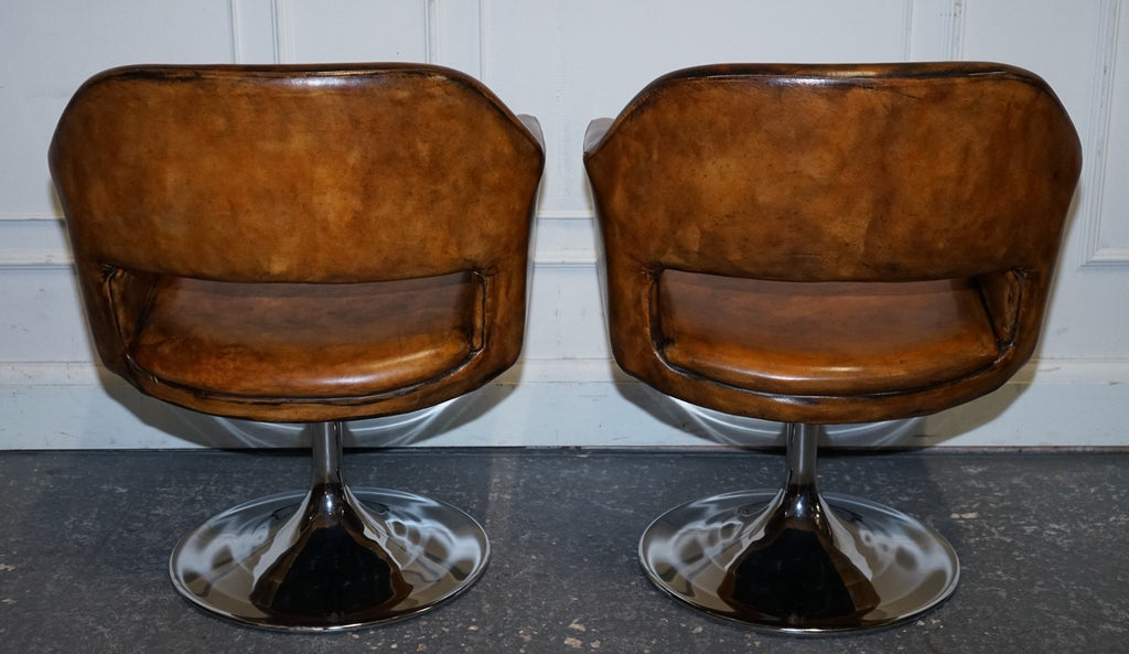 SET OF FOUR RESTORED HAND DYED LEATHER LARGO JOHANSON DESIGN SWIVEL ARMCHAIRS